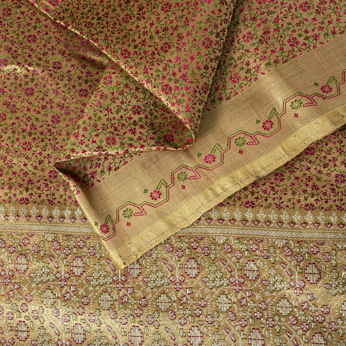 Sanskriti Vintage Beige Pure Satin Saree Banarasi Brocade Zari Hand-Woven Sari