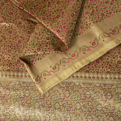 Sanskriti Vintage Beige Pure Satin Saree Banarasi Brocade Zari Hand-Woven Sari