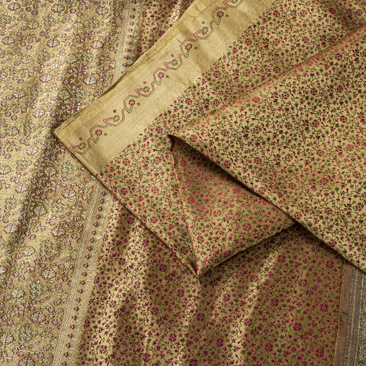 Sanskriti Vintage Beige Pure Satin Saree Banarasi Brocade Zari Hand-Woven Sari