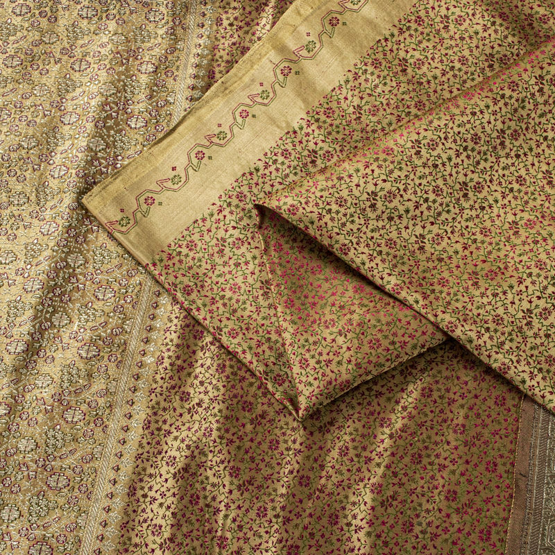Sanskriti Vintage Beige Pure Satin Saree Banarasi Brocade Zari Hand-Woven Sari