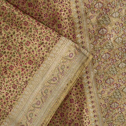 Sanskriti Vintage Beige Pure Satin Saree Banarasi Brocade Zari Hand-Woven Sari