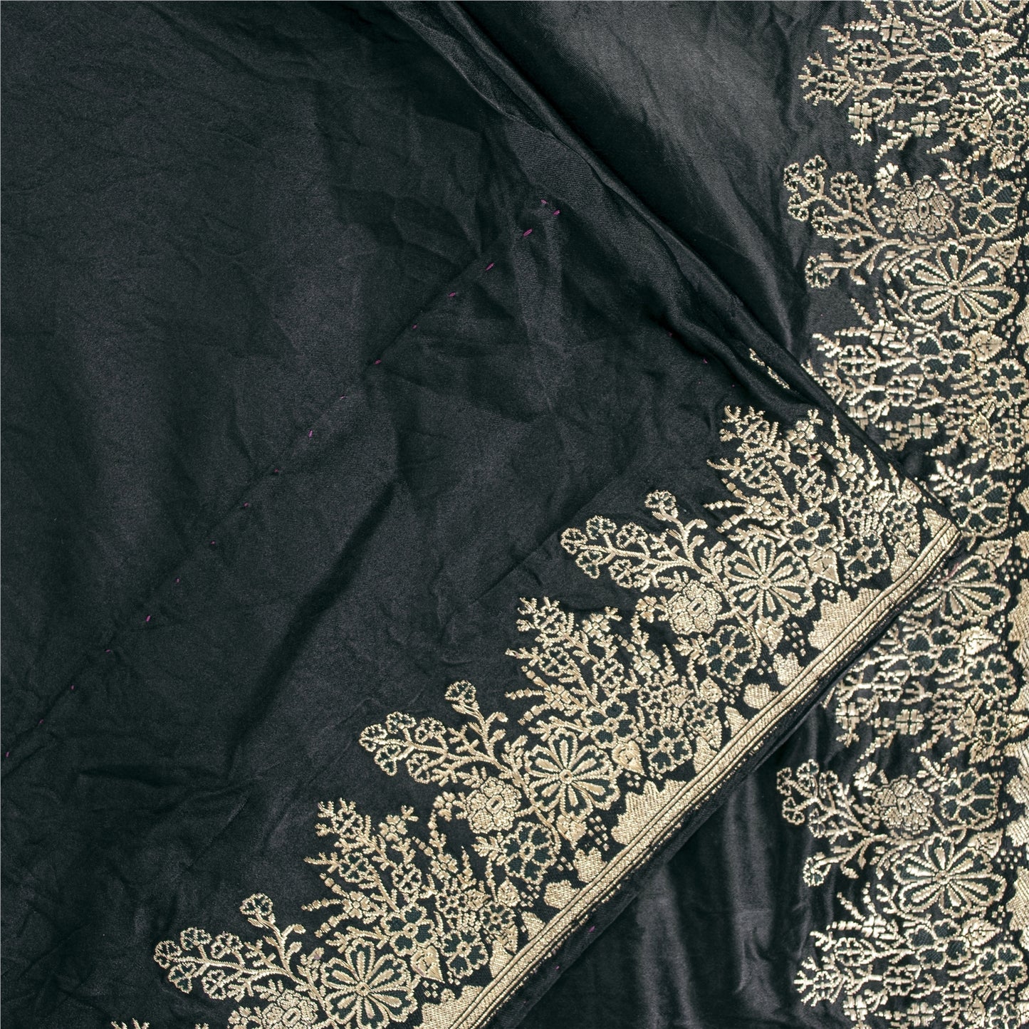 Sanskriti Vintage Sarees BlackBanarasi Brocade Zari Woven Pure Satin Sari Fabric