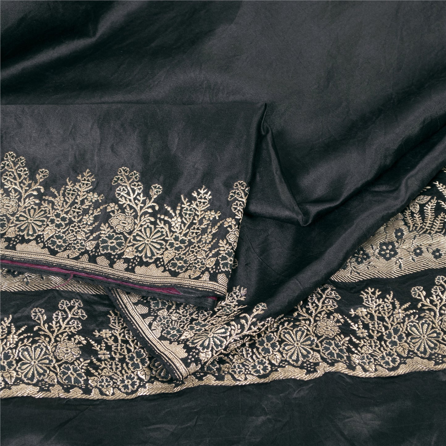 Sanskriti Vintage Sarees BlackBanarasi Brocade Zari Woven Pure Satin Sari Fabric