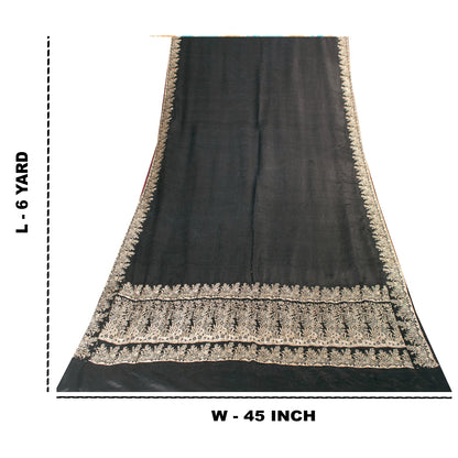 Sanskriti Vintage Sarees BlackBanarasi Brocade Zari Woven Pure Satin Sari Fabric