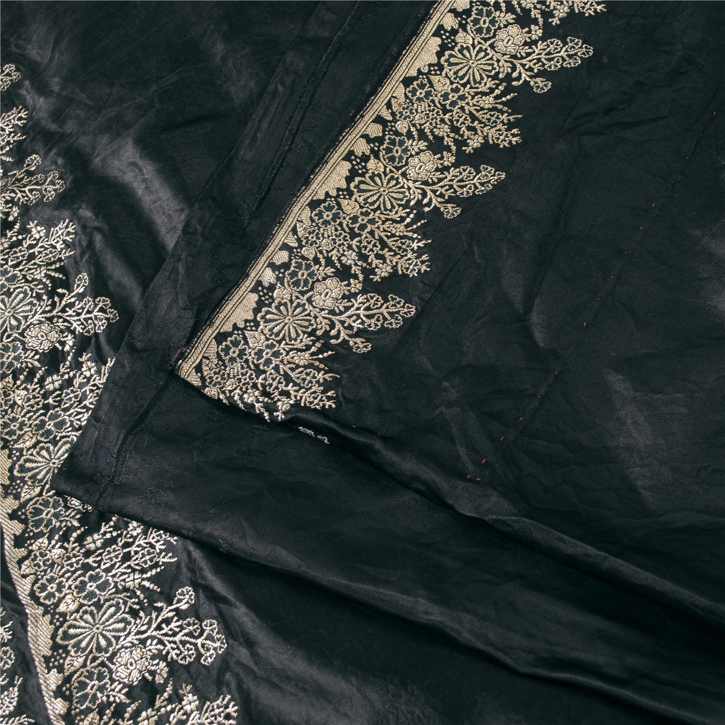 Sanskriti Vintage Sarees BlackBanarasi Brocade Zari Woven Pure Satin Sari Fabric
