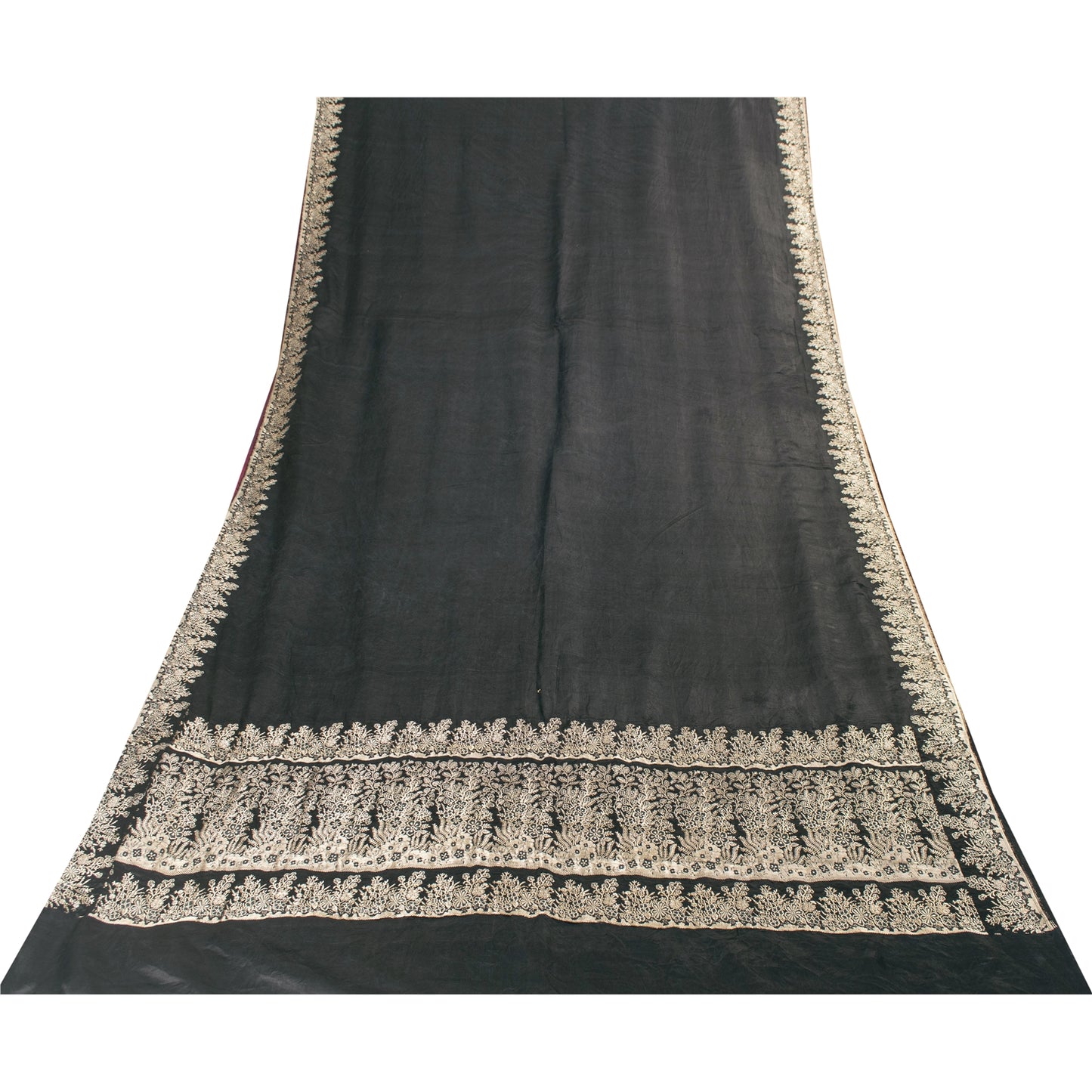 Sanskriti Vintage Sarees BlackBanarasi Brocade Zari Woven Pure Satin Sari Fabric