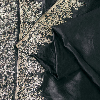 Sanskriti Vintage Sarees BlackBanarasi Brocade Zari Woven Pure Satin Sari Fabric