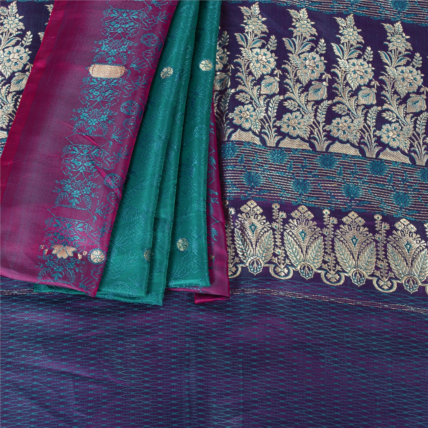 Sanskriti Vintage Sarees GreenBanarasi Brocade Zari Woven Pure Satin Sari Fabric