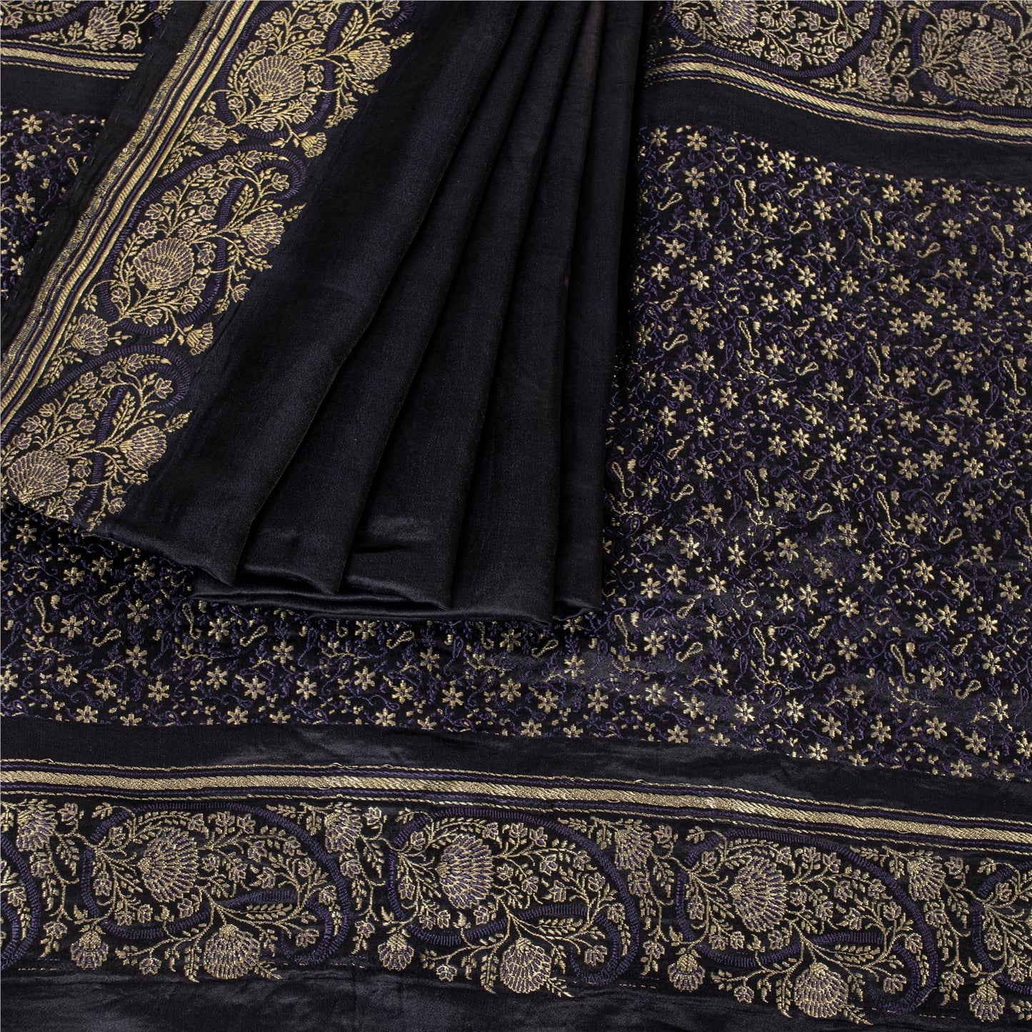 Sanskriti Vintage Sarees Black Banarasi Brocade Zari Woven Pure Silk Sari Fabric