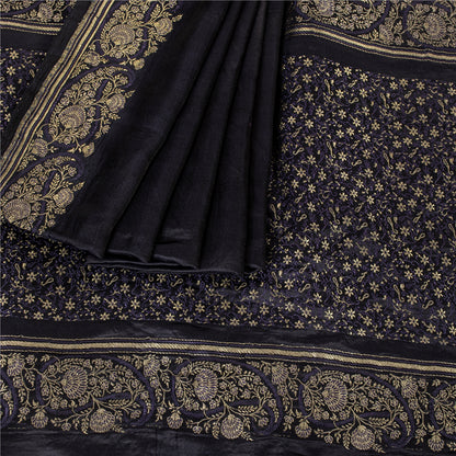 Sanskriti Vintage Sarees Black Banarasi Brocade Zari Woven Pure Silk Sari Fabric