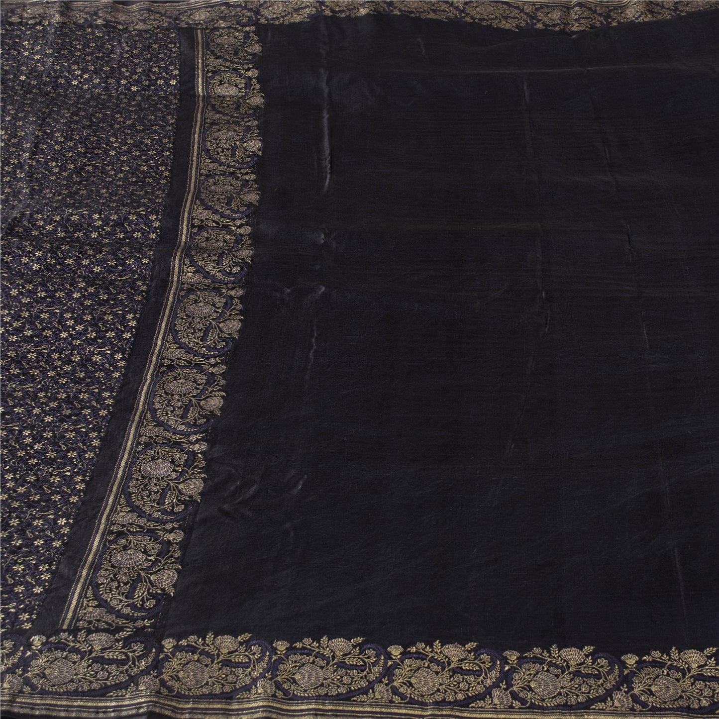 Sanskriti Vintage Sarees Black Banarasi Brocade Zari Woven Pure Silk Sari Fabric