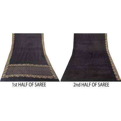 Sanskriti Vintage Sarees Black Banarasi Brocade Zari Woven Pure Silk Sari Fabric