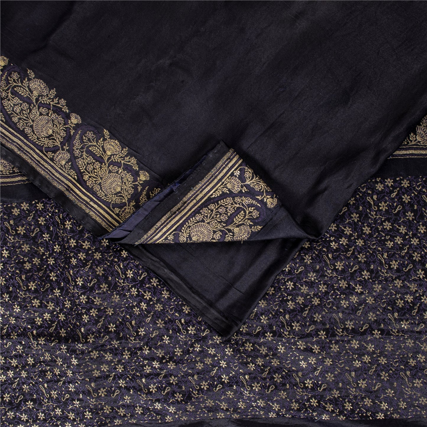 Sanskriti Vintage Sarees Black Banarasi Brocade Zari Woven Pure Silk Sari Fabric