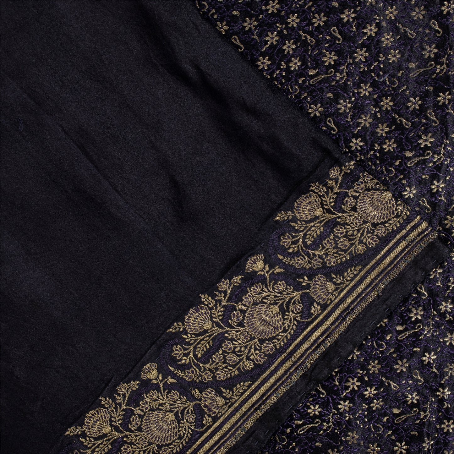 Sanskriti Vintage Sarees Black Banarasi Brocade Zari Woven Pure Silk Sari Fabric