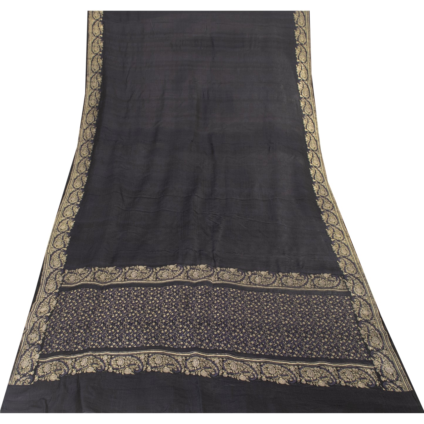 Sanskriti Vintage Sarees Black Banarasi Brocade Zari Woven Pure Silk Sari Fabric