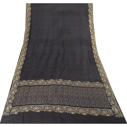 Sanskriti Vintage Sarees Black Banarasi Brocade Zari Woven Pure Silk Sari Fabric