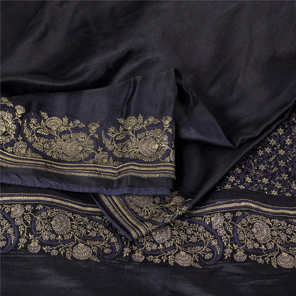 Sanskriti Vintage Sarees Black Banarasi Brocade Zari Woven Pure Silk Sari Fabric