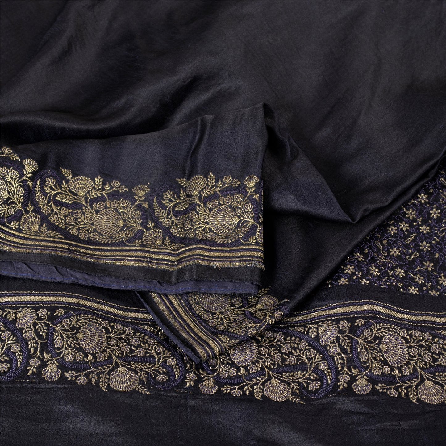 Sanskriti Vintage Sarees Black Banarasi Brocade Zari Woven Pure Silk Sari Fabric