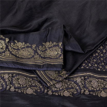 Sanskriti Vintage Sarees Black Banarasi Brocade Zari Woven Pure Silk Sari Fabric