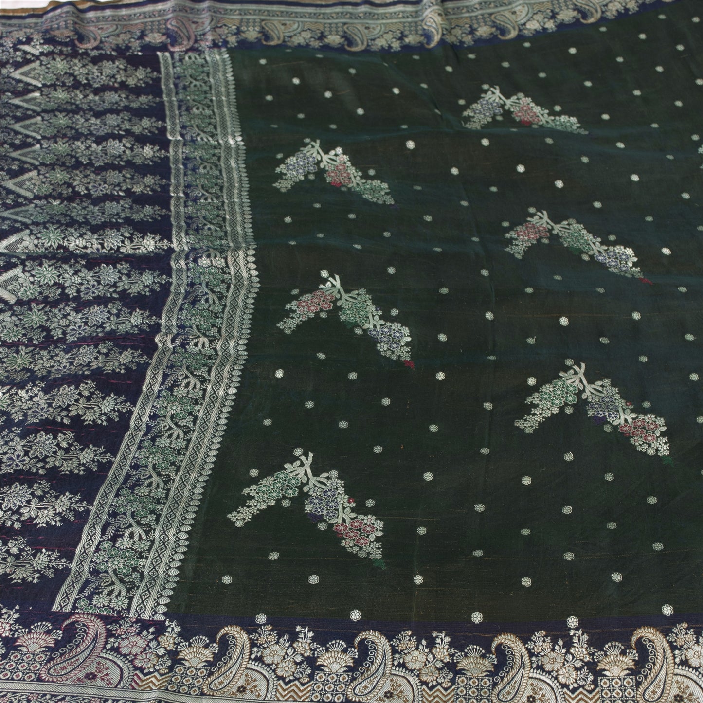 Sanskriti Vintage Sarees Green Banarasi Brocade Zari Woven Pure Sari 5+YD Fabric