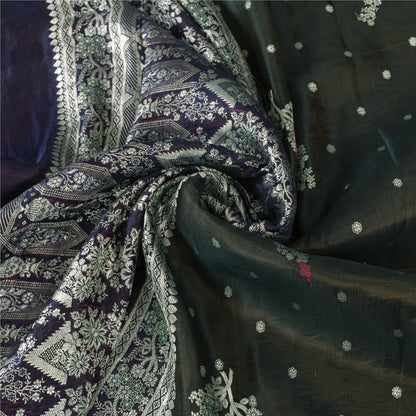 Sanskriti Vintage Sarees Green Banarasi Brocade Zari Woven Pure Sari 5+YD Fabric