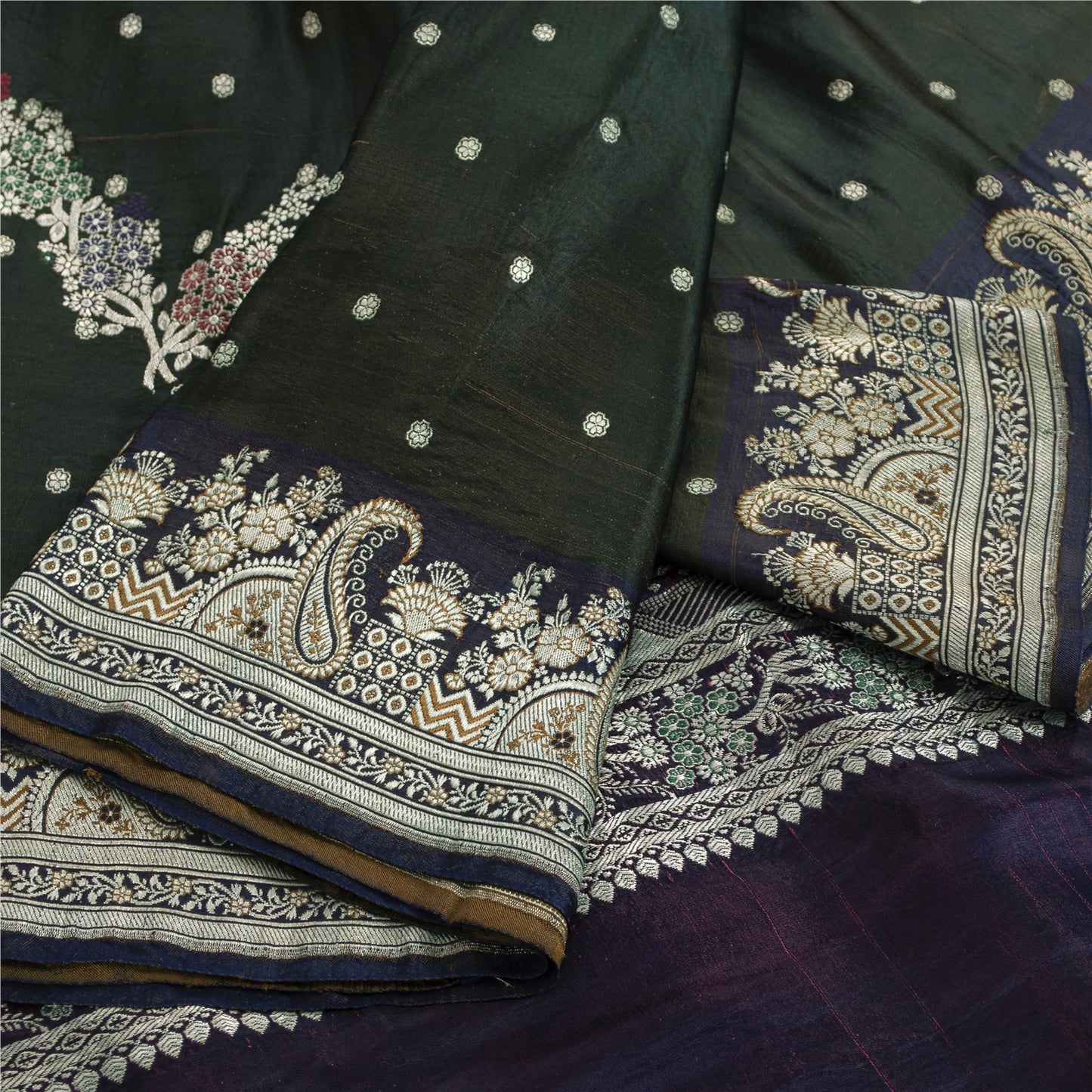 Sanskriti Vintage Sarees Green Banarasi Brocade Zari Woven Pure Sari 5+YD Fabric