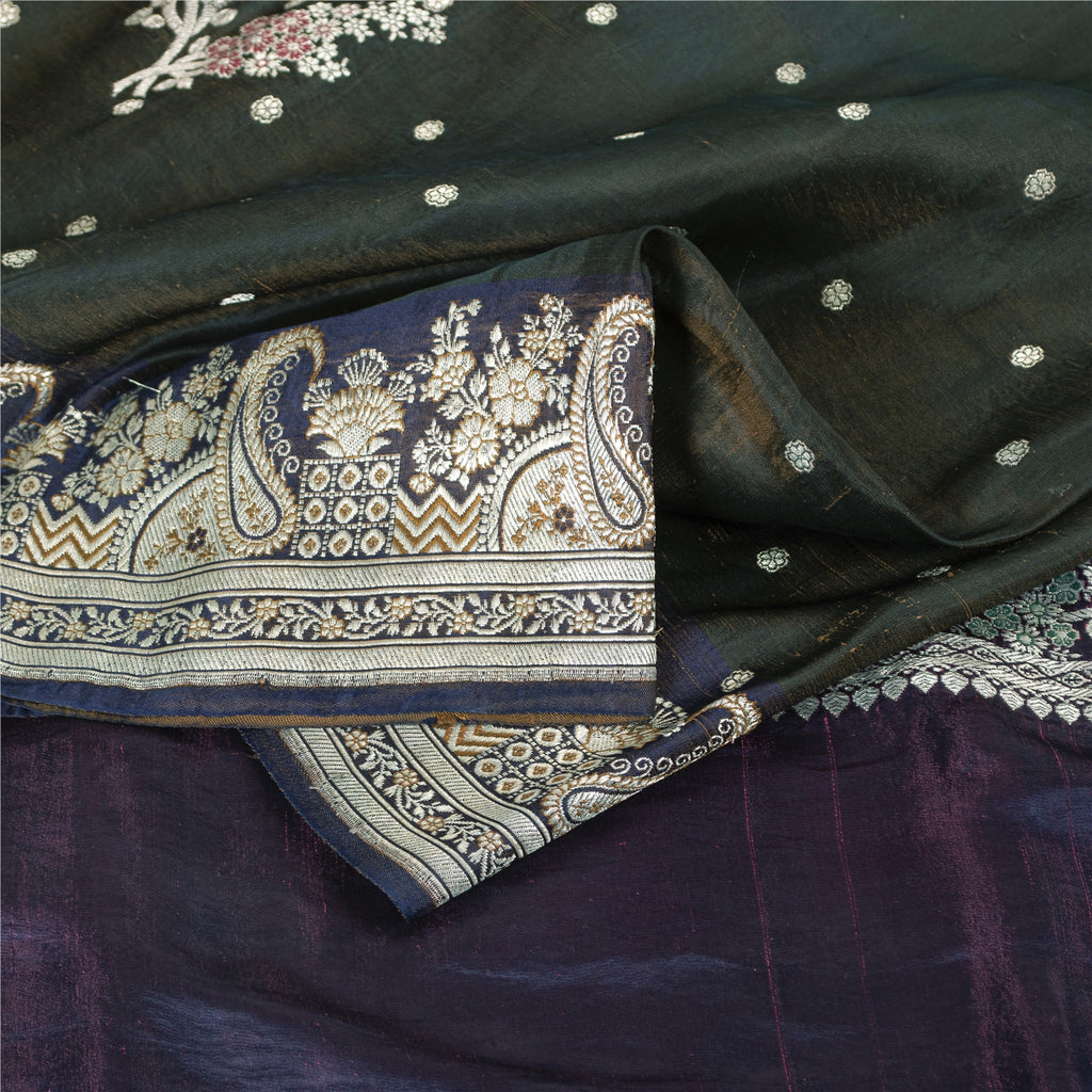 Sanskriti Vintage Sarees Green Banarasi Brocade Zari Woven Pure Silk Sari 5+YD Fabric