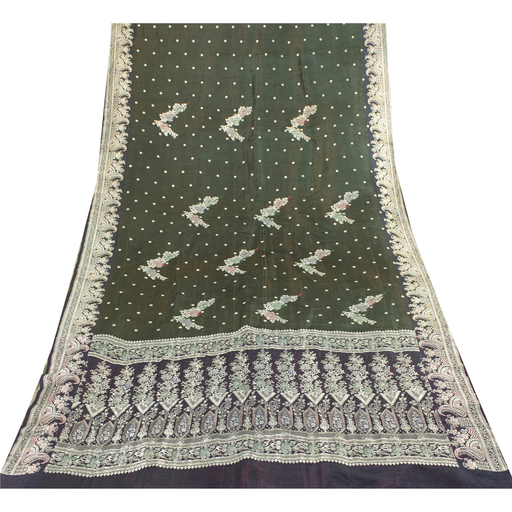 Sanskriti Vintage Sarees Green Banarasi Brocade Zari Woven Pure Sari 5+YD Fabric