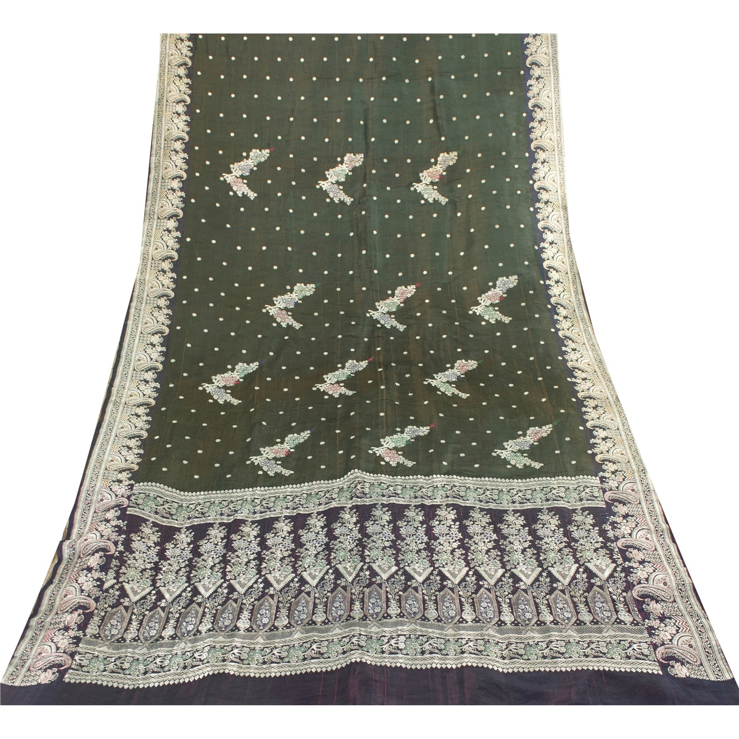 Sanskriti Vintage Sarees Green Banarasi Brocade Zari Woven Pure Sari 5+YD Fabric