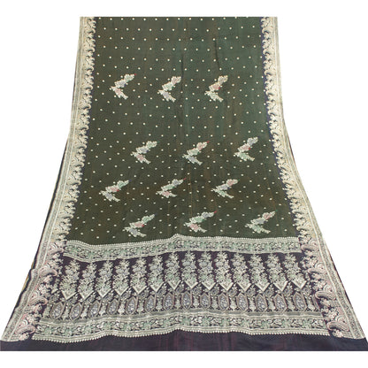 Sanskriti Vintage Sarees Green Banarasi Brocade Zari Woven Pure Sari 5+YD Fabric