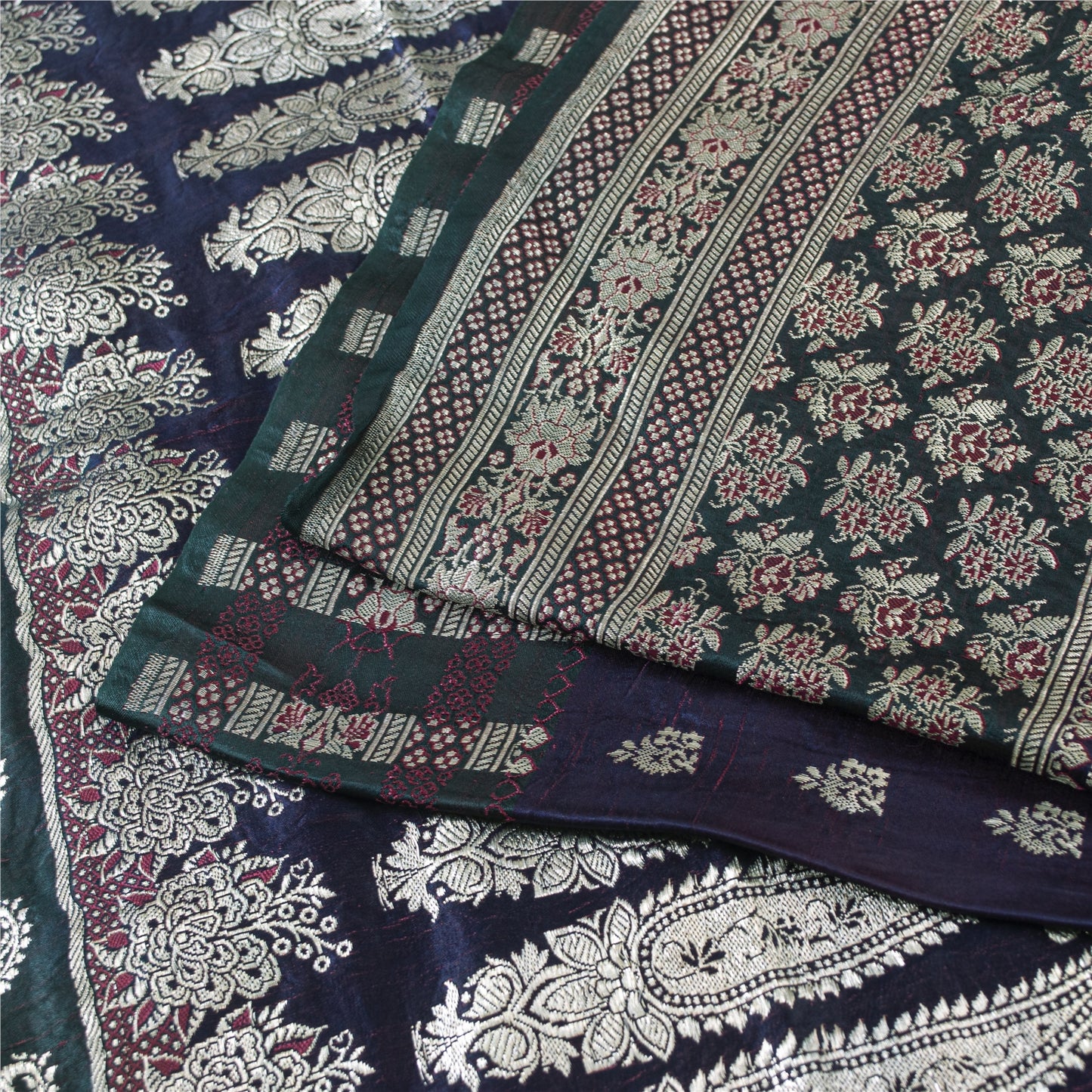 SANSKRITI VINTAGE BLUE SAREE PURE SATIN SILK BROCADE/BANARASI WOVEN SARI