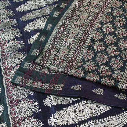 SANSKRITI VINTAGE BLUE SAREE PURE SATIN SILK BROCADE/BANARASI WOVEN SARI