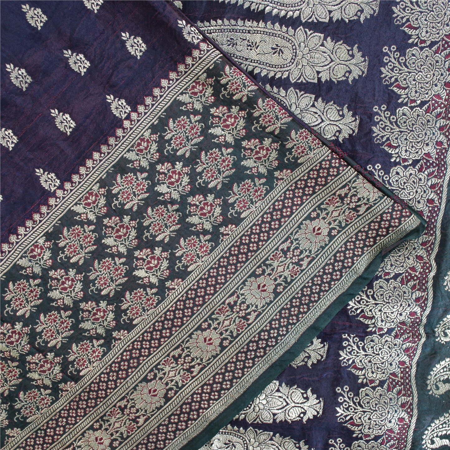 SANSKRITI VINTAGE BLUE SAREE PURE SATIN SILK BROCADE/BANARASI WOVEN SARI