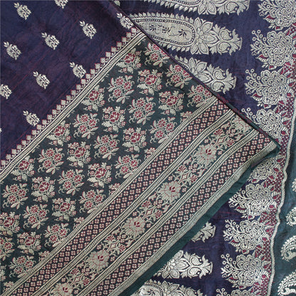 SANSKRITI VINTAGE BLUE SAREE PURE SATIN SILK BROCADE/BANARASI WOVEN SARI