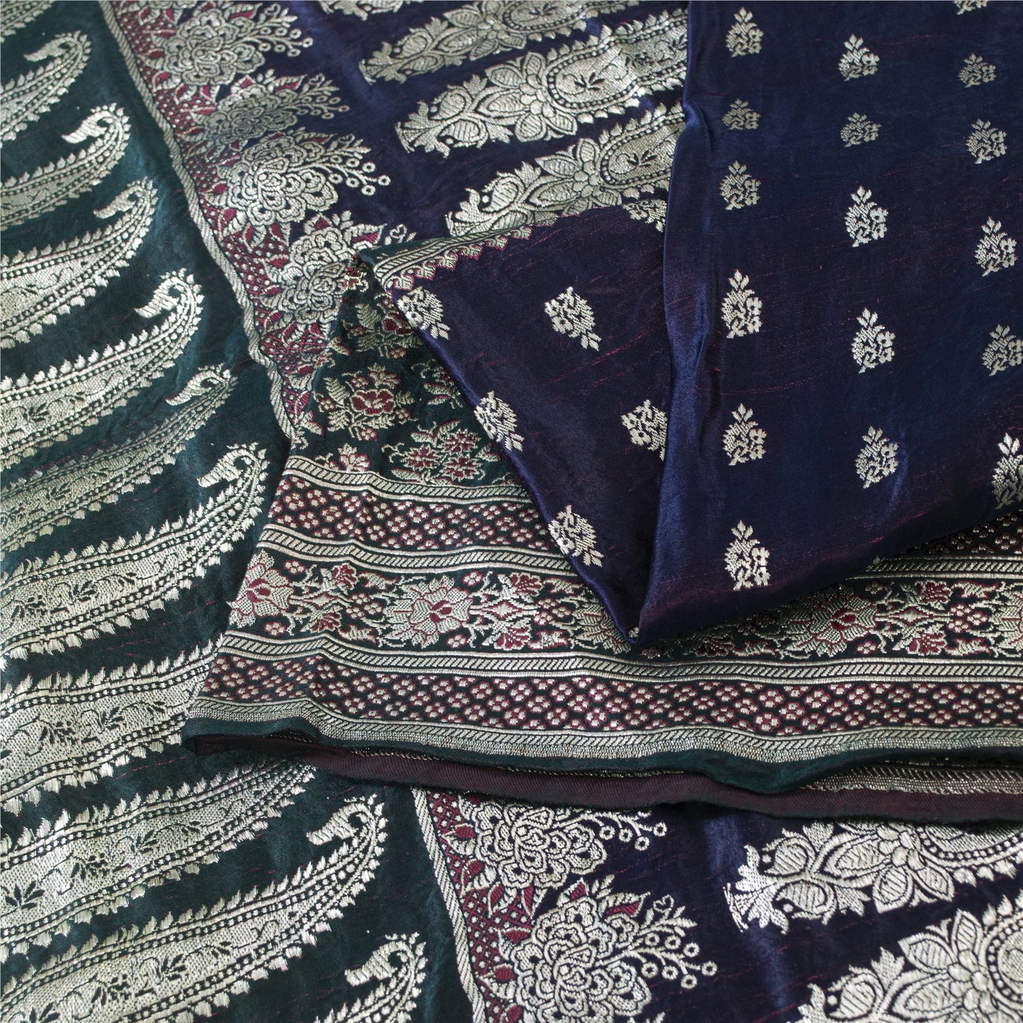 SANSKRITI VINTAGE BLUE SAREE PURE SATIN SILK BROCADE/BANARASI WOVEN SARI