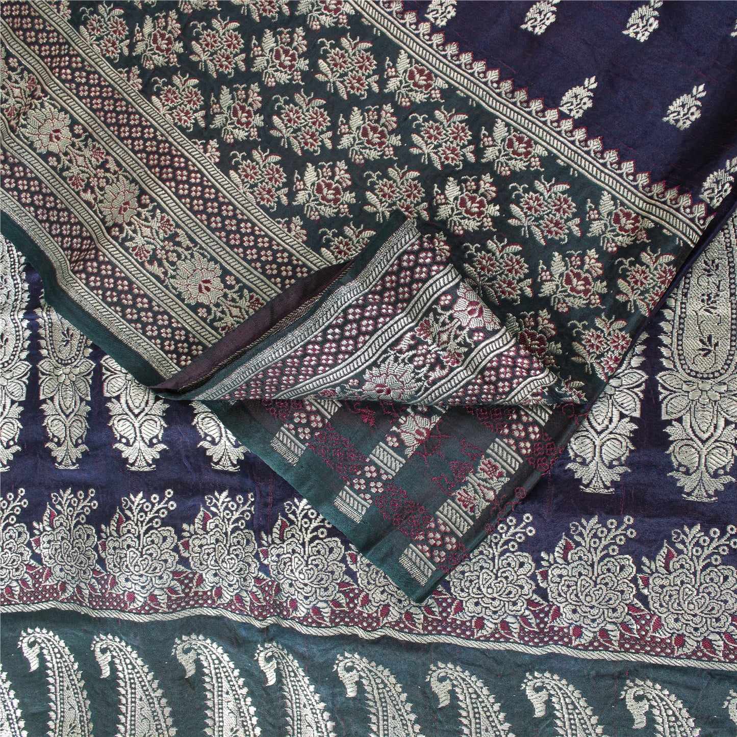 SANSKRITI VINTAGE BLUE SAREE PURE SATIN SILK BROCADE/BANARASI WOVEN SARI