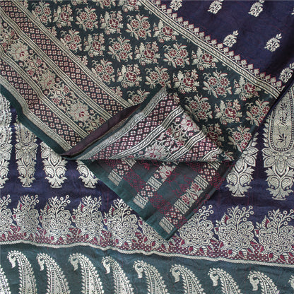SANSKRITI VINTAGE BLUE SAREE PURE SATIN SILK BROCADE/BANARASI WOVEN SARI