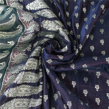 SANSKRITI VINTAGE BLUE SAREE PURE SATIN SILK BROCADE/BANARASI WOVEN SARI