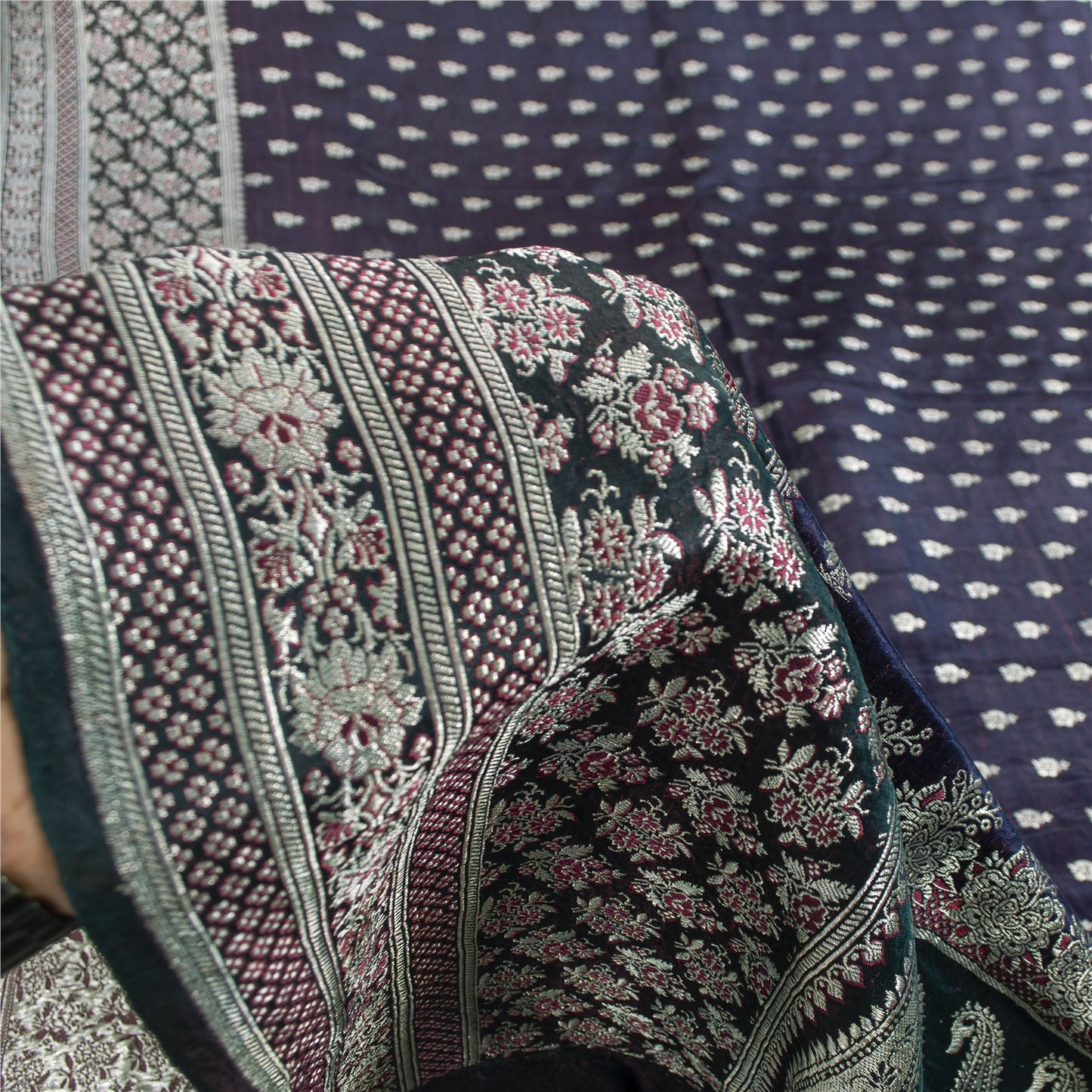 SANSKRITI VINTAGE BLUE SAREE PURE SATIN SILK BROCADE/BANARASI WOVEN SARI