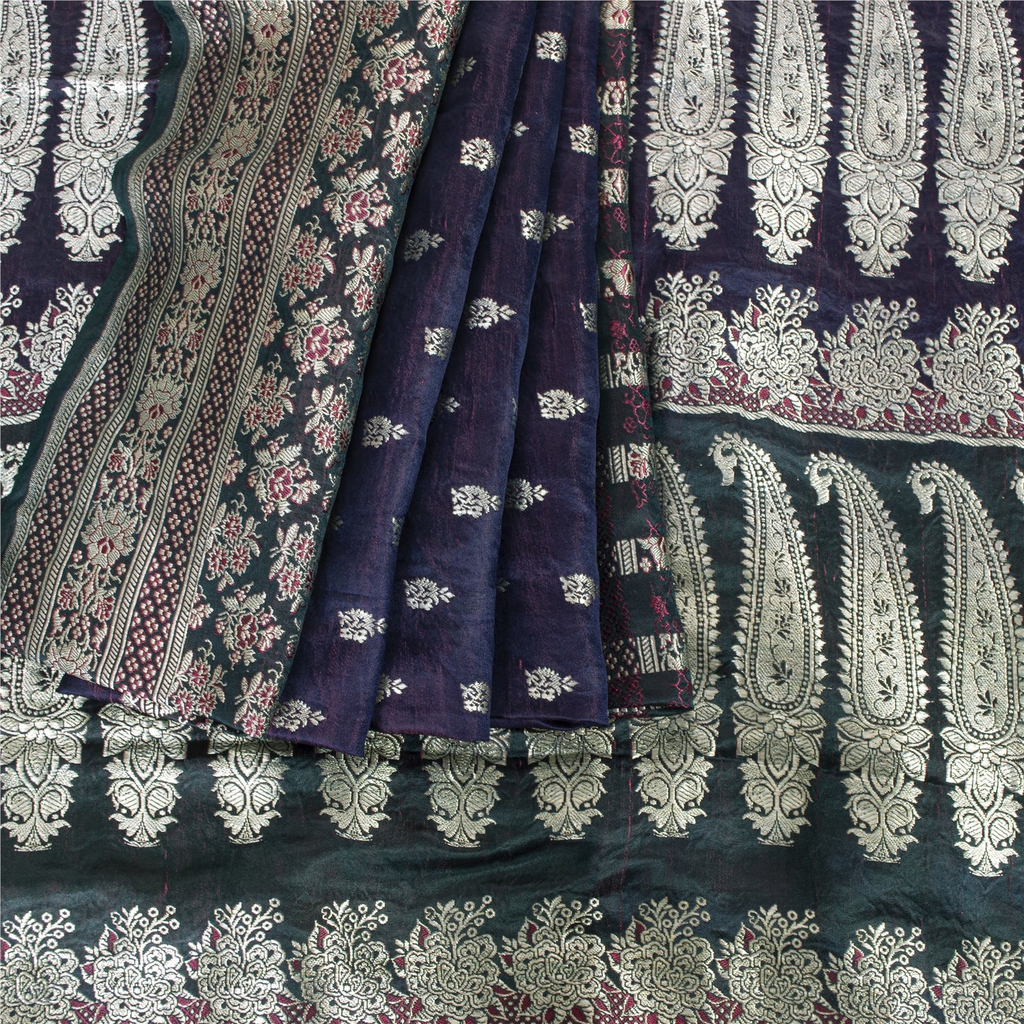 SANSKRITI VINTAGE BLUE SAREE PURE SATIN SILK BROCADE/BANARASI WOVEN SARI