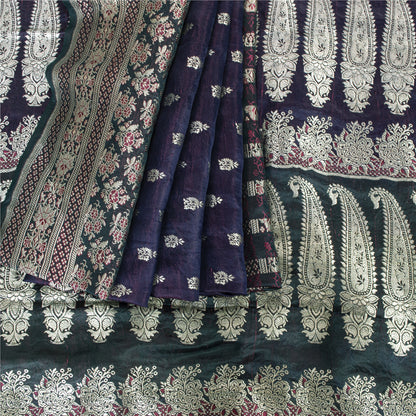 SANSKRITI VINTAGE BLUE SAREE PURE SATIN SILK BROCADE/BANARASI WOVEN SARI