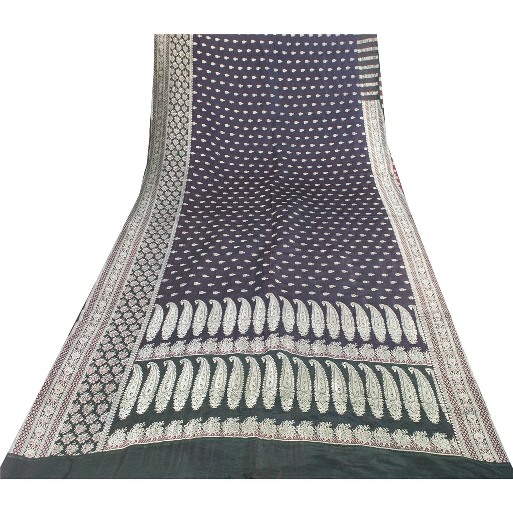 SANSKRITI VINTAGE BLUE SAREE PURE SATIN SILK BROCADE/BANARASI WOVEN SARI