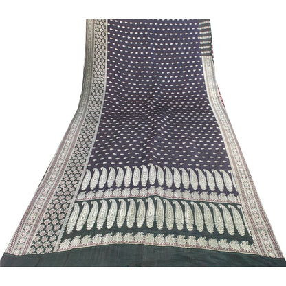 SANSKRITI VINTAGE BLUE SAREE PURE SATIN SILK BROCADE/BANARASI WOVEN SARI