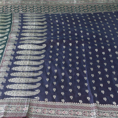 SANSKRITI VINTAGE BLUE SAREE PURE SATIN SILK BROCADE/BANARASI WOVEN SARI