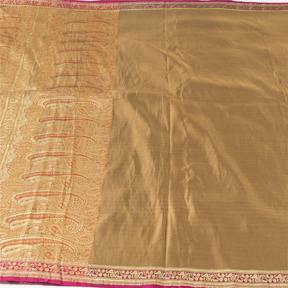 Sanskriti Vintage Sarees Brown BanarasiBrocade Zari Woven Pure Satin Sari Fabric