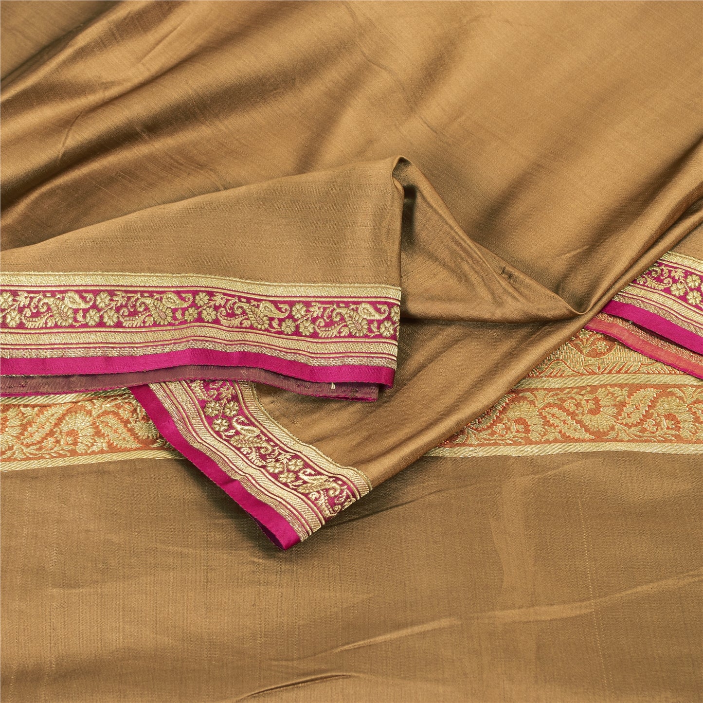 Sanskriti Vintage Sarees Brown BanarasiBrocade Zari Woven Pure Satin Sari Fabric