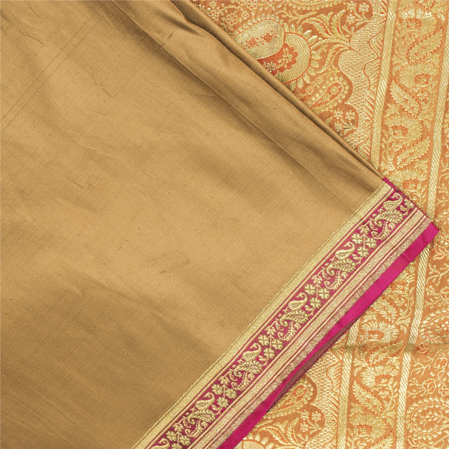 Sanskriti Vintage Sarees Brown BanarasiBrocade Zari Woven Pure Satin Sari Fabric