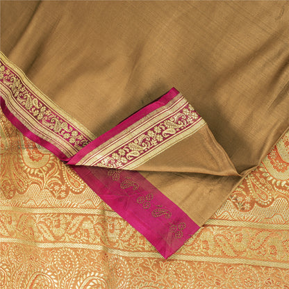 Sanskriti Vintage Sarees Brown BanarasiBrocade Zari Woven Pure Satin Sari Fabric