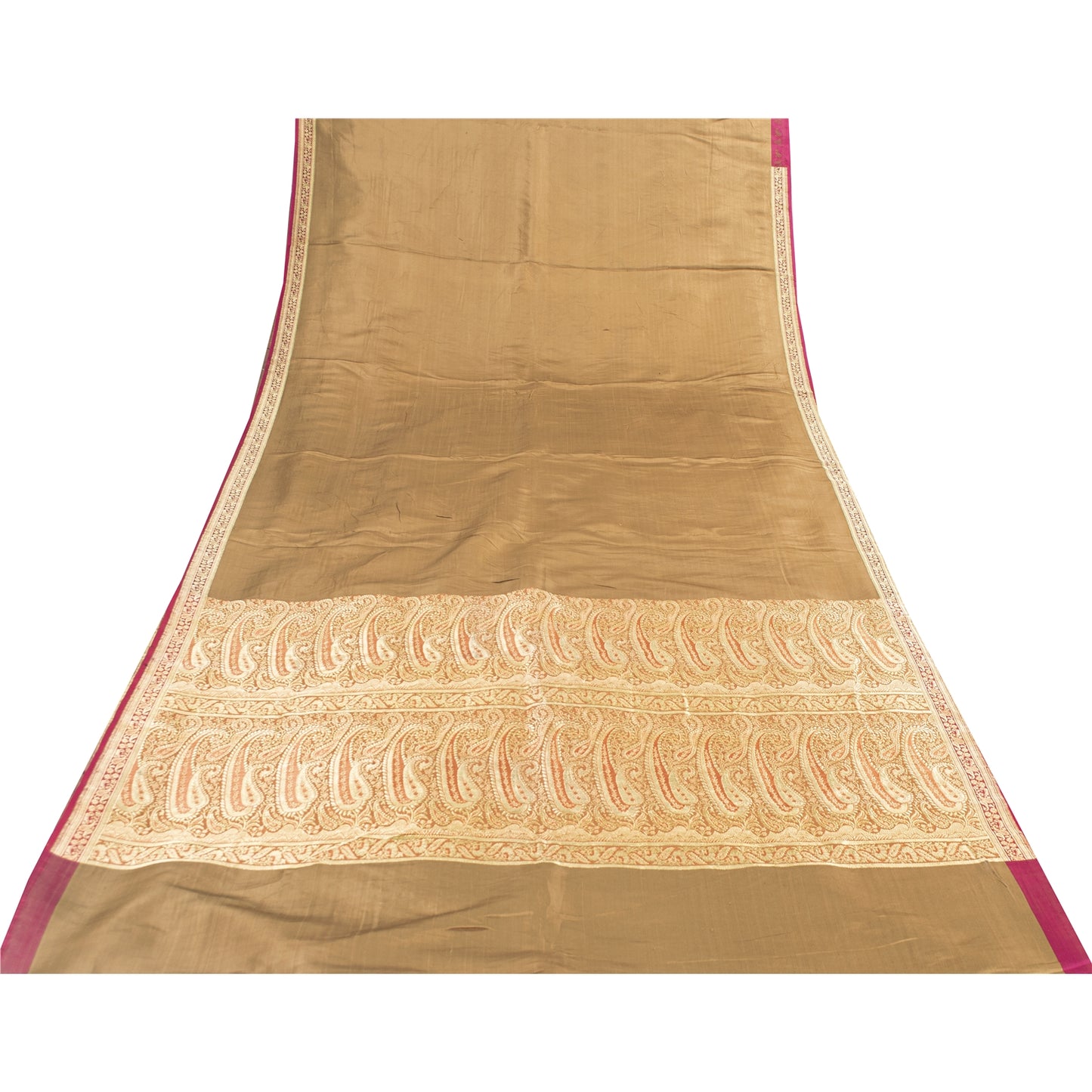 Sanskriti Vintage Sarees Brown BanarasiBrocade Zari Woven Pure Satin Sari Fabric