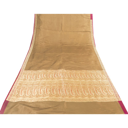 Sanskriti Vintage Sarees Brown BanarasiBrocade Zari Woven Pure Satin Sari Fabric